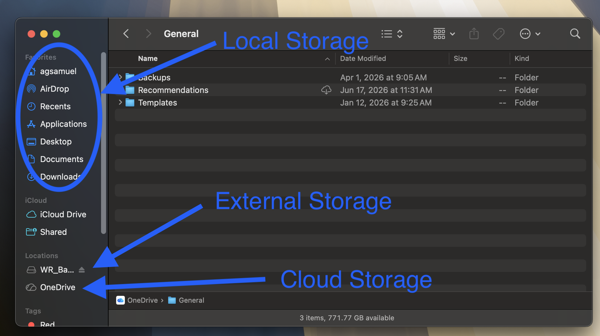Mac finder window showing local drive, external drive, and OneDrive locations.