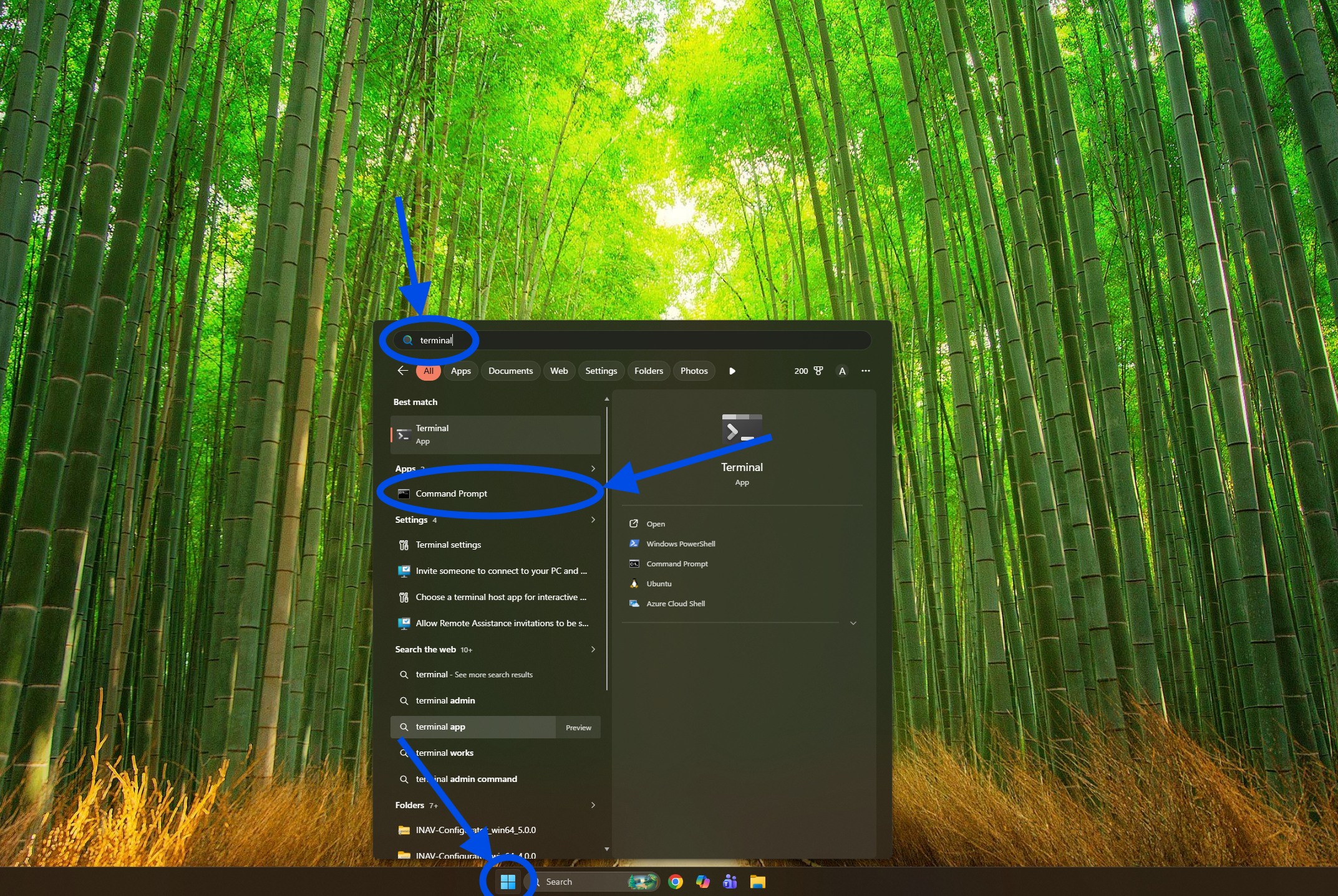 Start Menu with 'terminal' searched, pointing to Command Prompt on Windows.