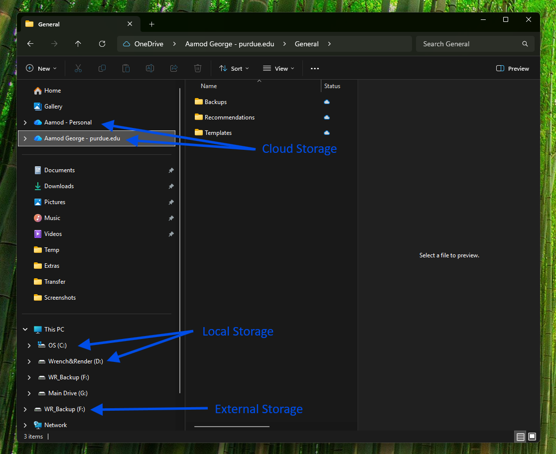 Windows explorer window showing local drive, external drive, and OneDrive locations.