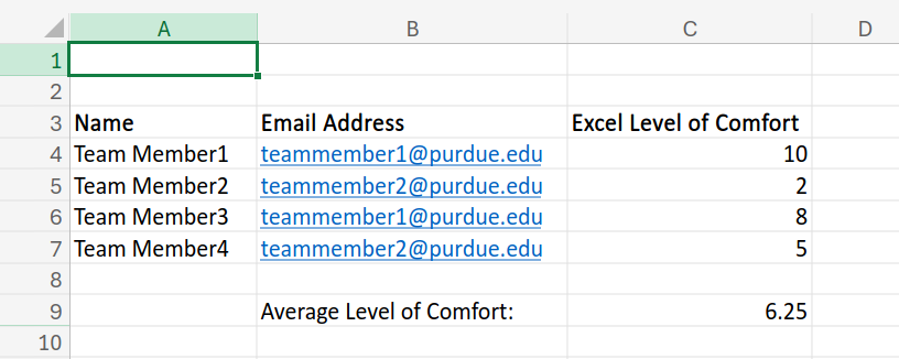 Example MS Excel file layout with student survey data.