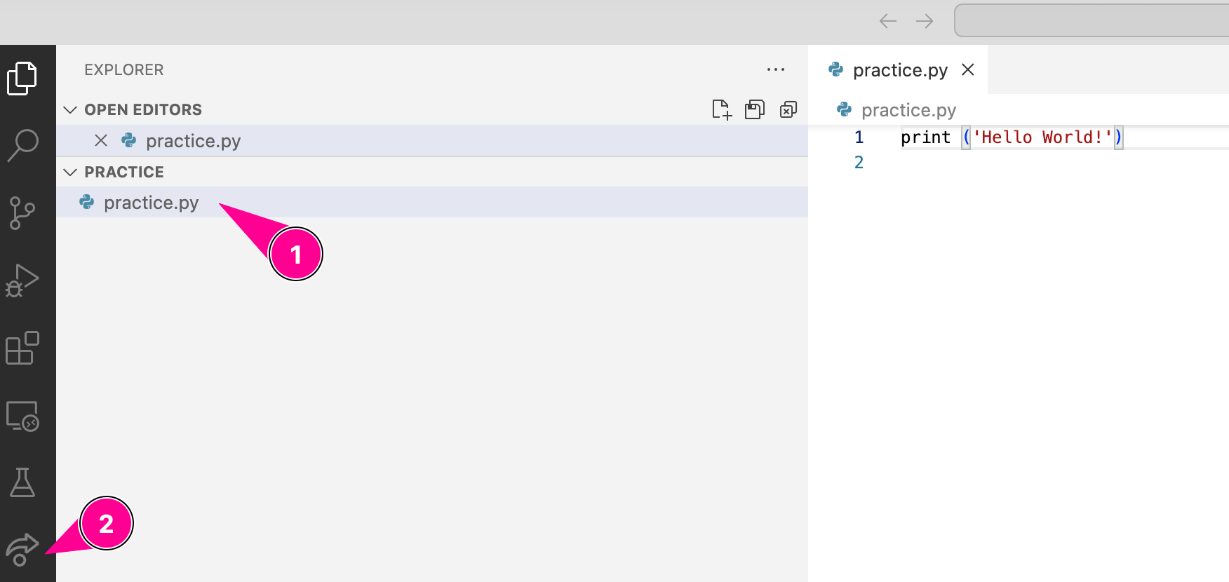 VS Code with a file open (1) and the Live Share icon highlighted in the activity bar (2).