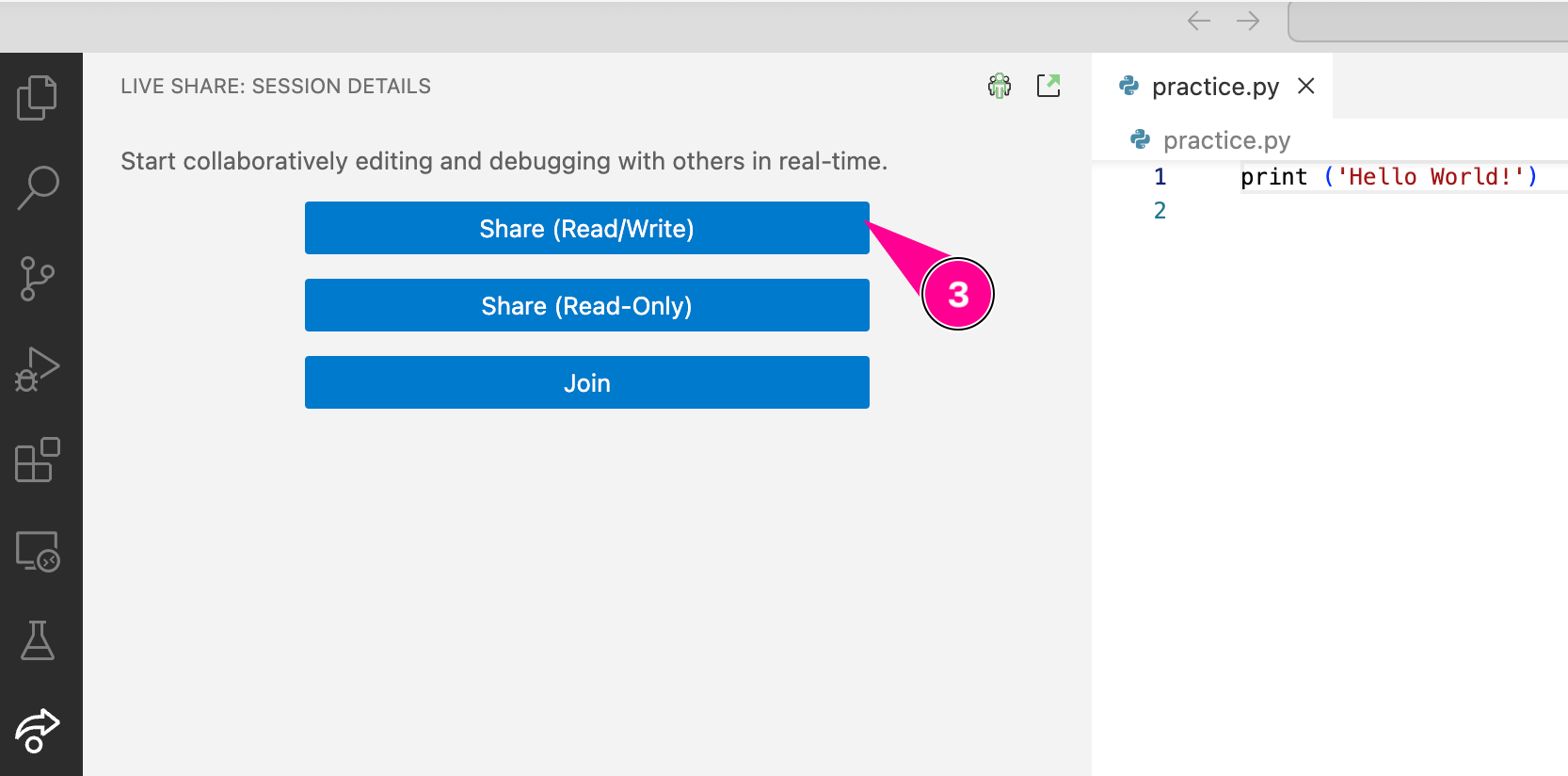 Live Share panel in VS Code with the Share (Read/Write) button highlighted.