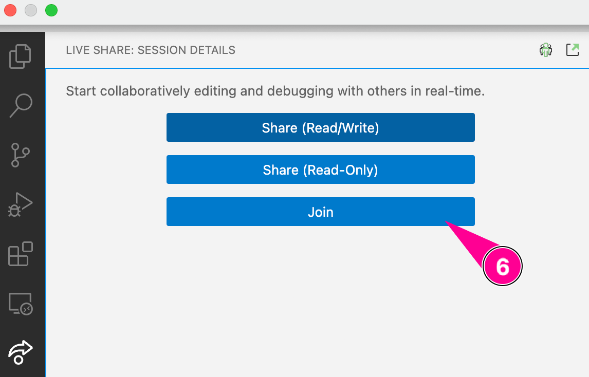 Live Share panel in VS Code with the Join button highlighted.