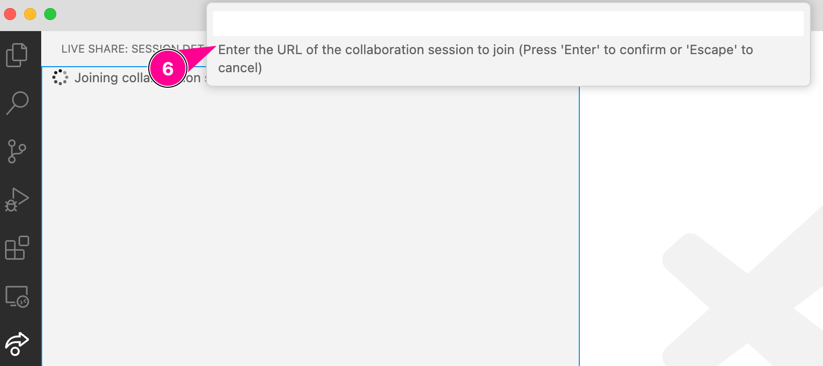 Live Share panel in VS Code showing the collaboration URL text field.