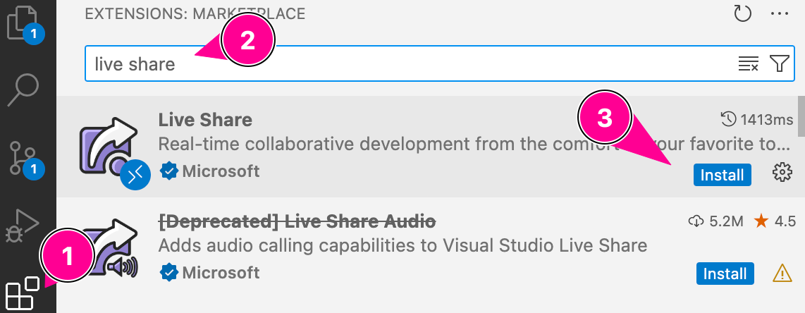 VS Code Extensions tab with numbered steps to find and install Live Share.