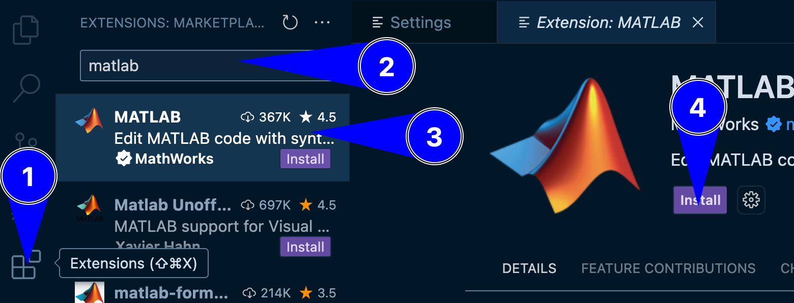 VS Code Extensions Marketplace showing the MATLAB extension ready to install.