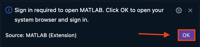 VS Code notification prompting user to connect their MATLAB Online account.