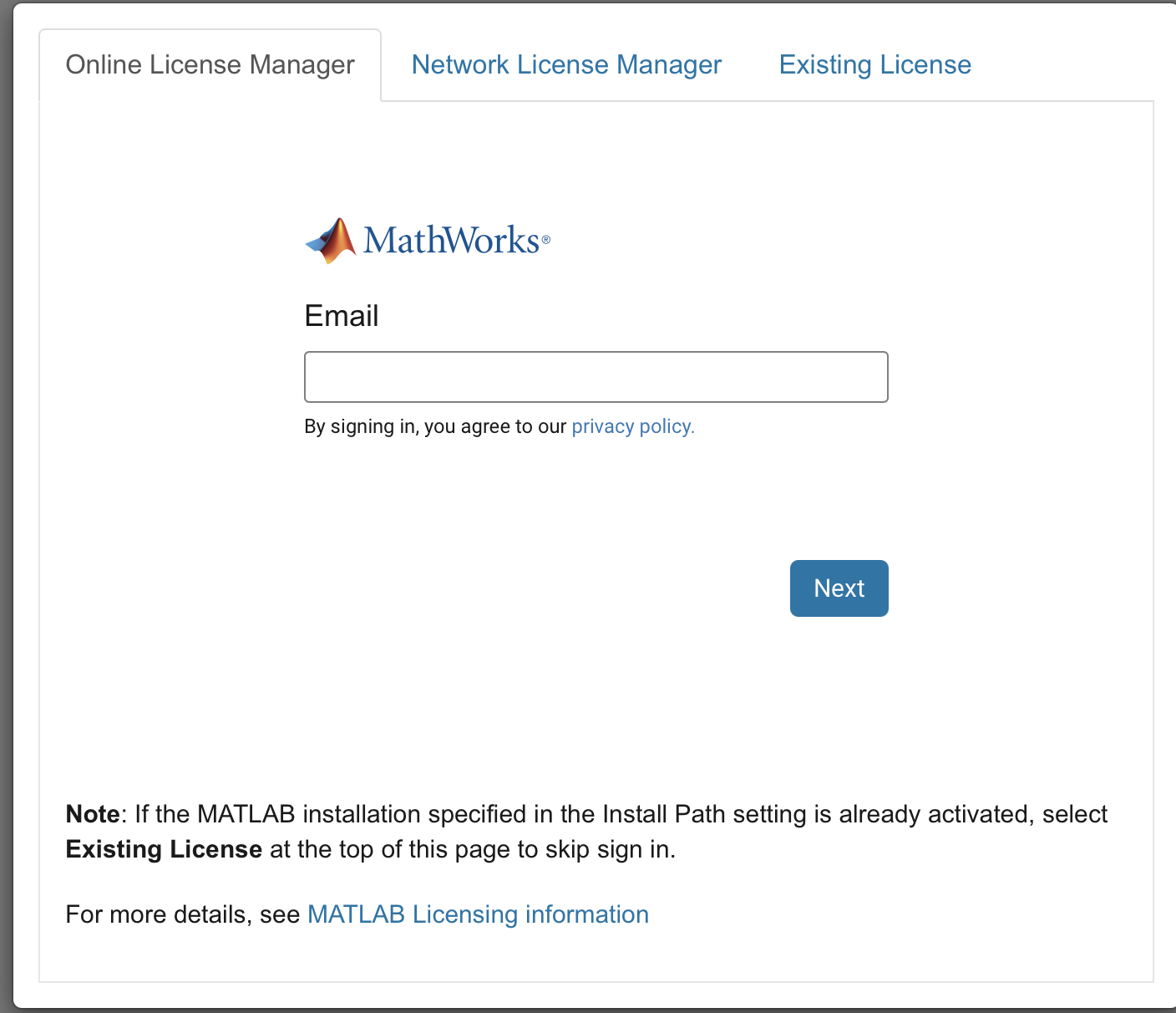 Web browser showing MATLAB login page to connect account to VS Code.