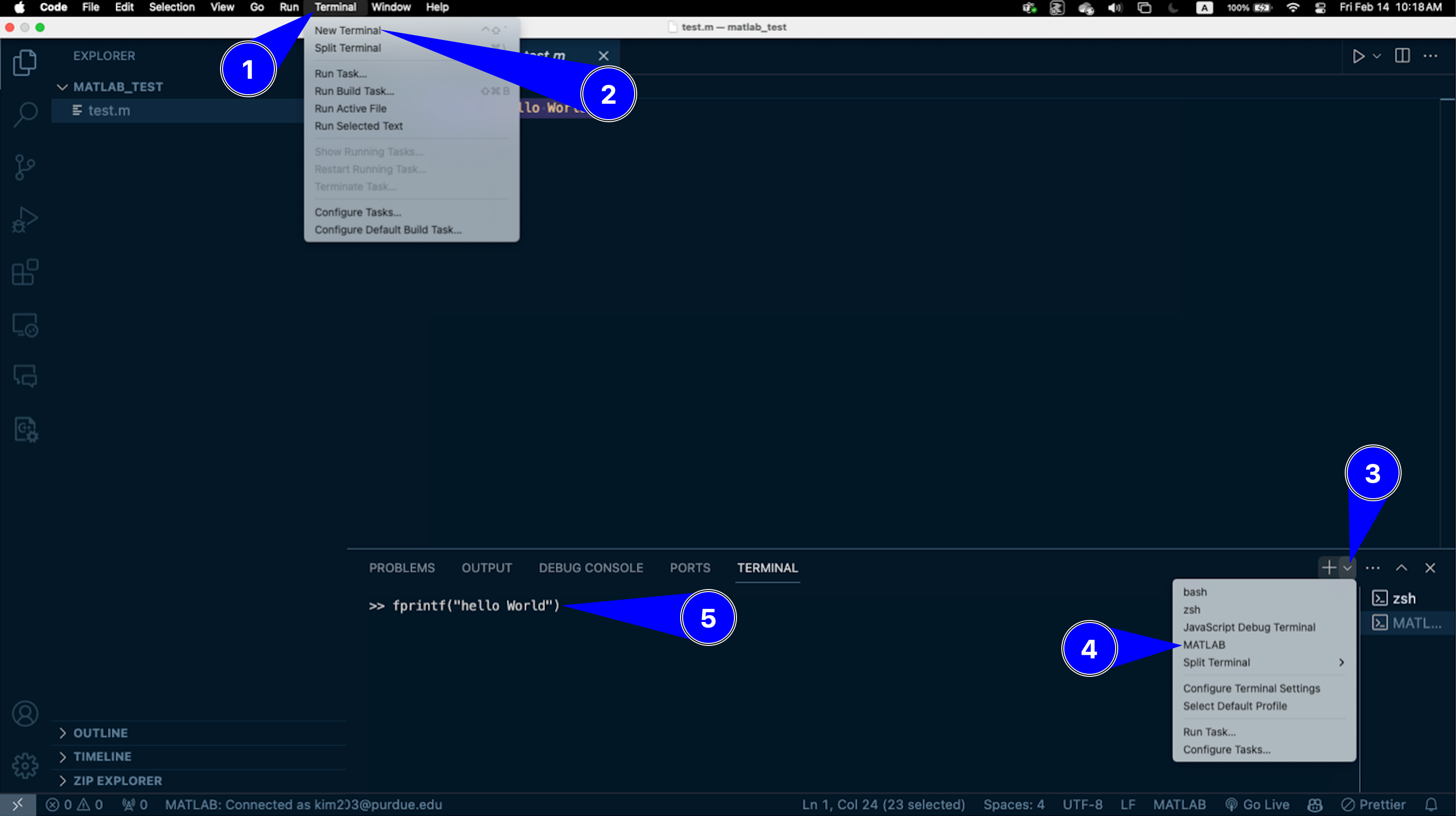 VS Code screenshot: opening a new MATLAB terminal and running a test script.
