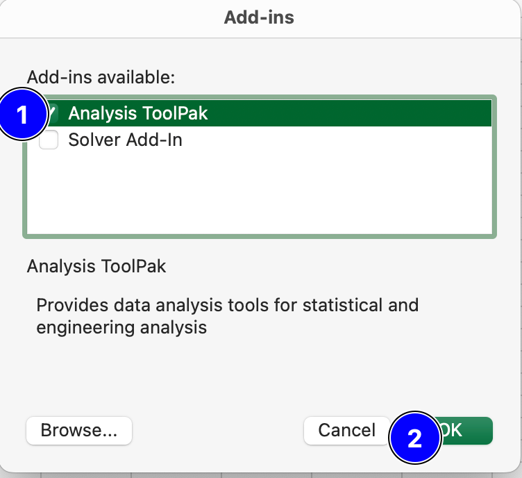 Excel Add-ins dialog with Analysis ToolPak checked on Mac.