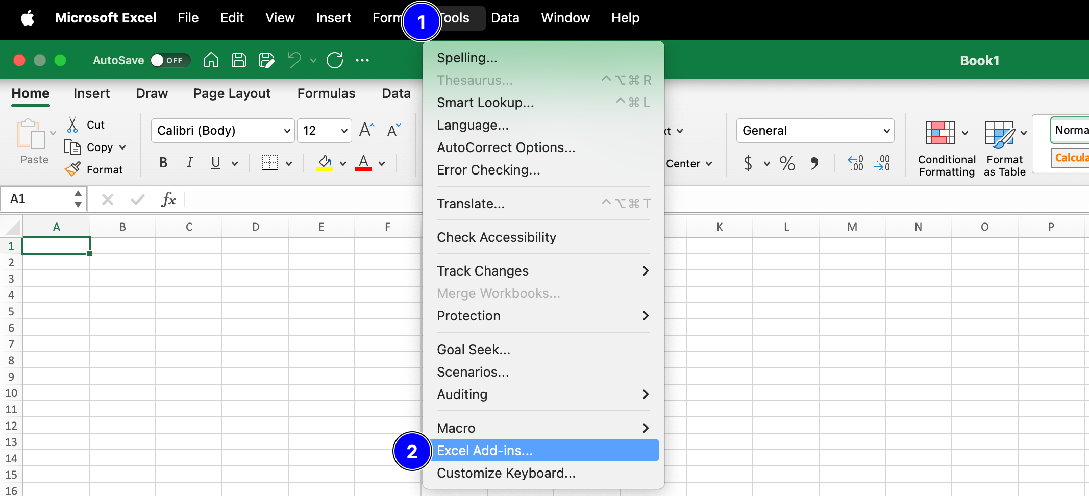 MS Excel Tools menu on macOS showing the Excel Add-ins option.