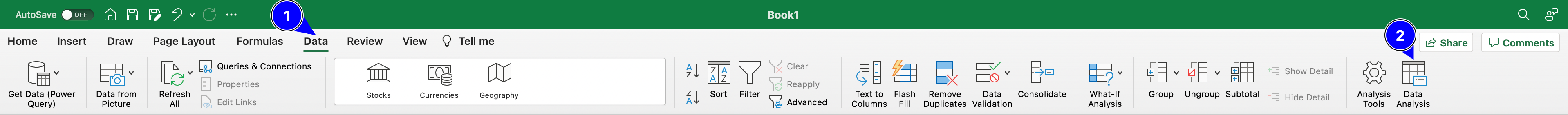 MS Excel ribbon on macOS showing the Data tab with the Data Analysis button after installing Analysis ToolPak.
