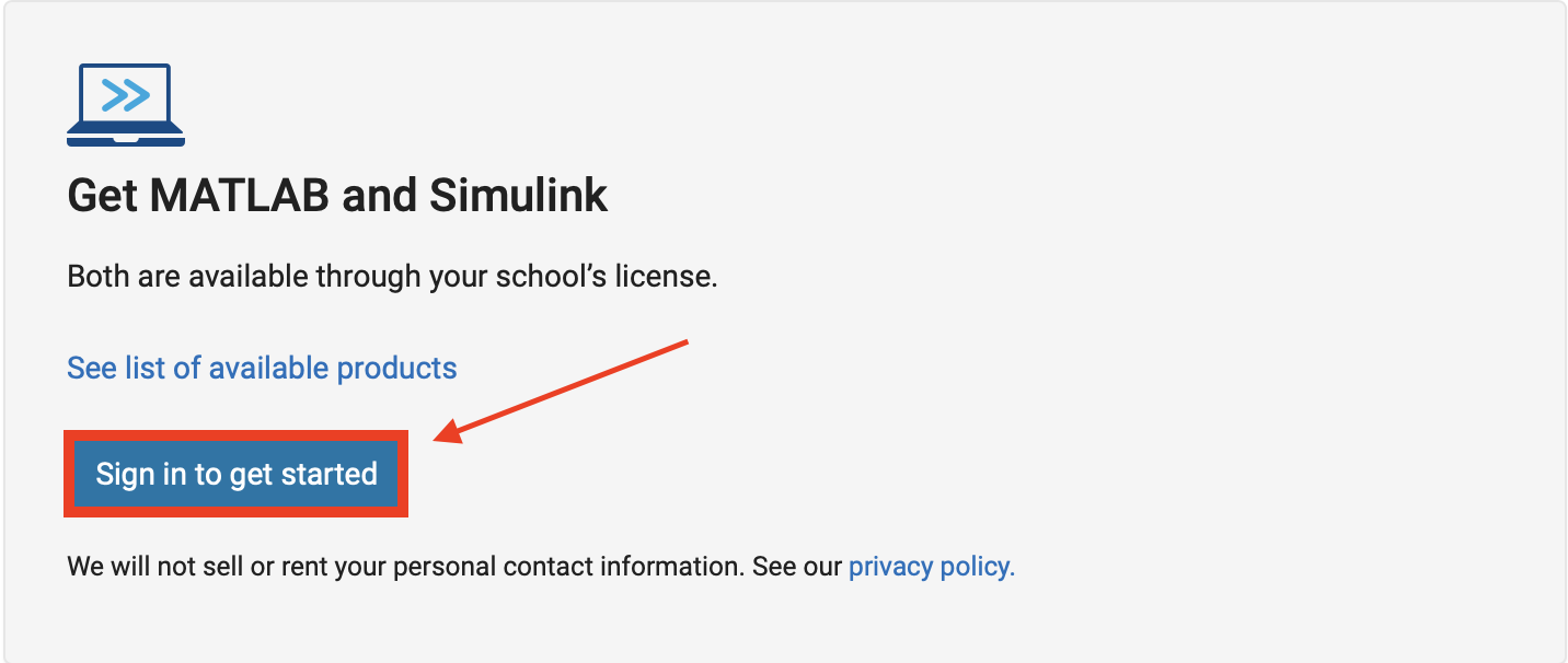 MathWorks Purdue portal page with Sign in to get started button.