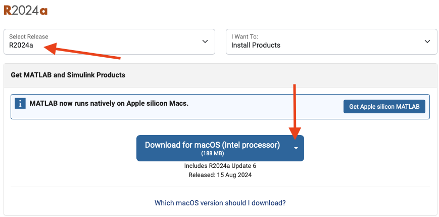 MATLAB download page showing the Download for macOS Intel Processor button.