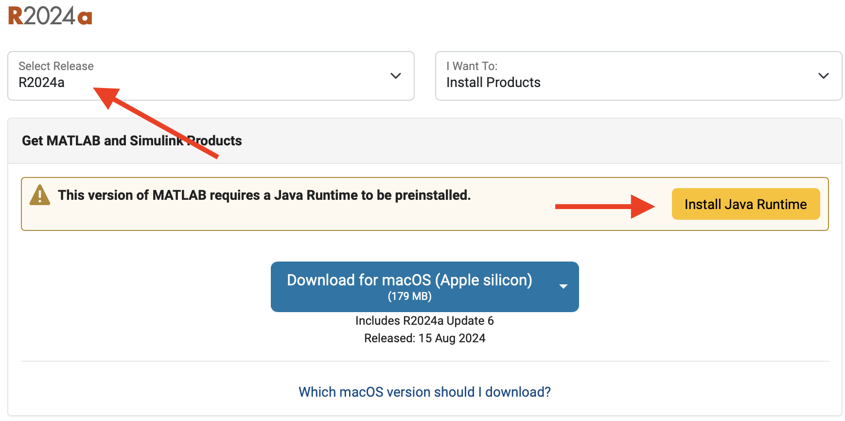 MATLAB download page with Install Java Runtime and Apple silicon download buttons.