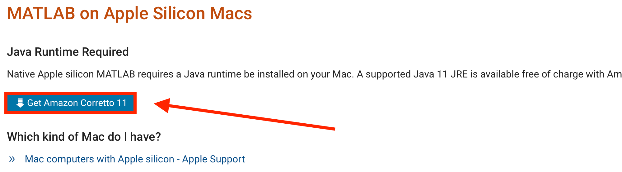 MathWorks page for Apple Silicon Macs showing the Get Amazon Corretto 11 button.
