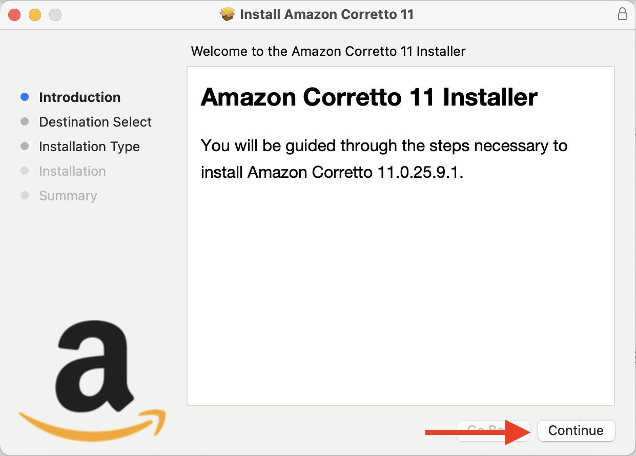Amazon Corretto 11 installer introduction screen with Continue button.