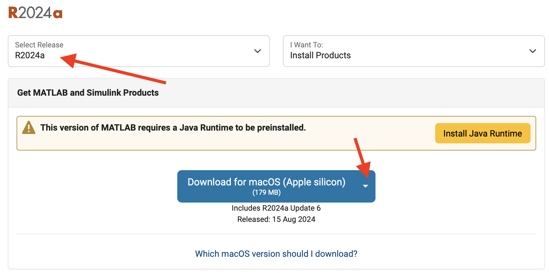 MATLAB download page showing the Download for macOS Apple Silicon button.