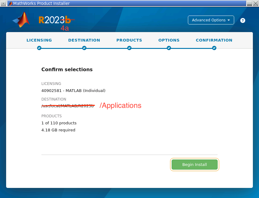MATLAB installer wizard confirmation page showing /Applications as destination.
