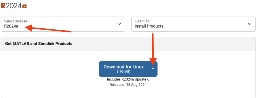 MATLAB download page showing the Linux installer download button.
