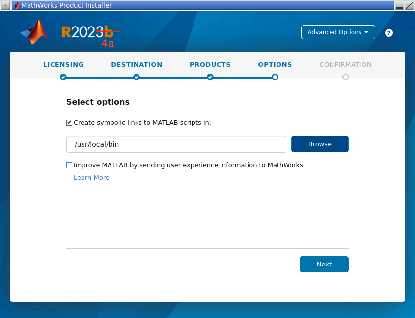 MATLAB installer wizard showing the options page with symbolic links checkbox.