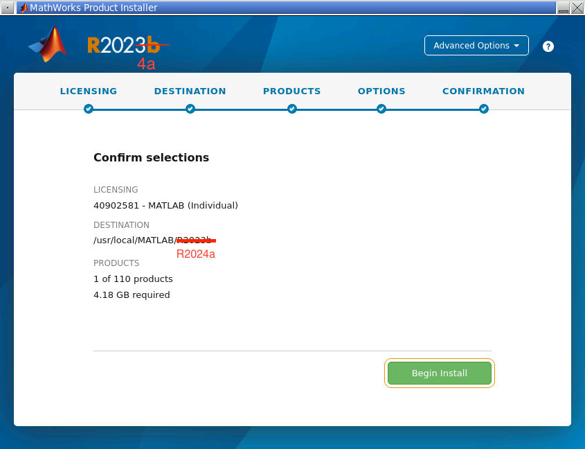 MATLAB installer wizard showing the confirmation summary page on Linux.