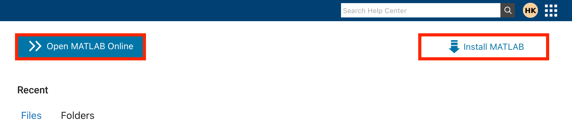 MathWorks page with Open MATLAB Online and Install MATLAB buttons.