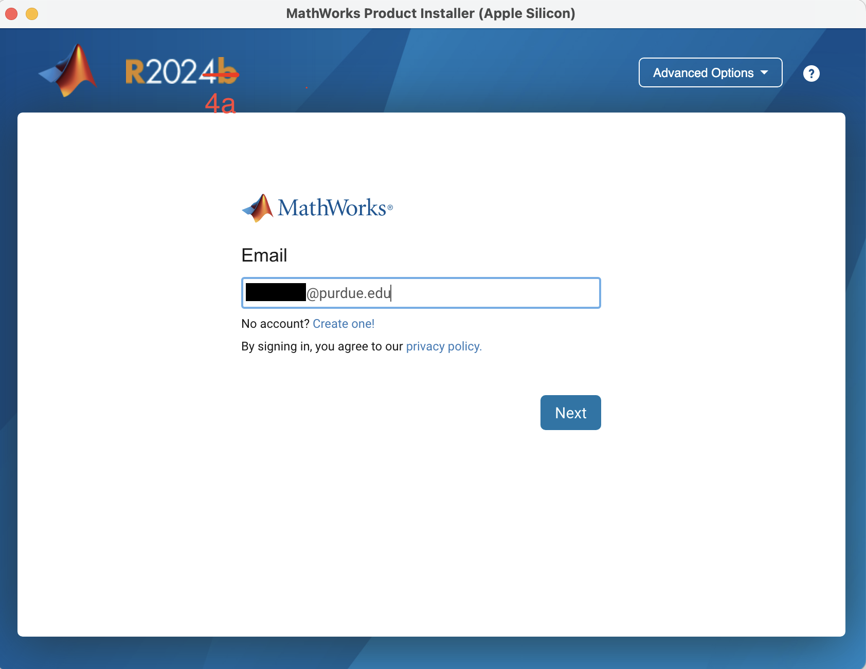 MATLAB installer wizard showing the email entry page.