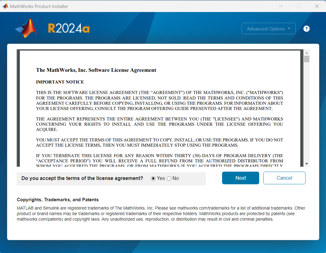 MATLAB installer wizard showing the license agreement page.