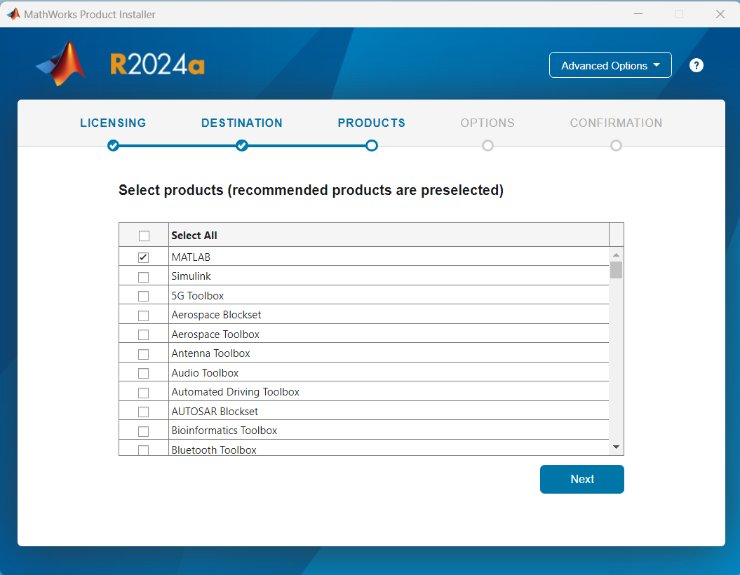 MATLAB installer wizard showing the products selection page.