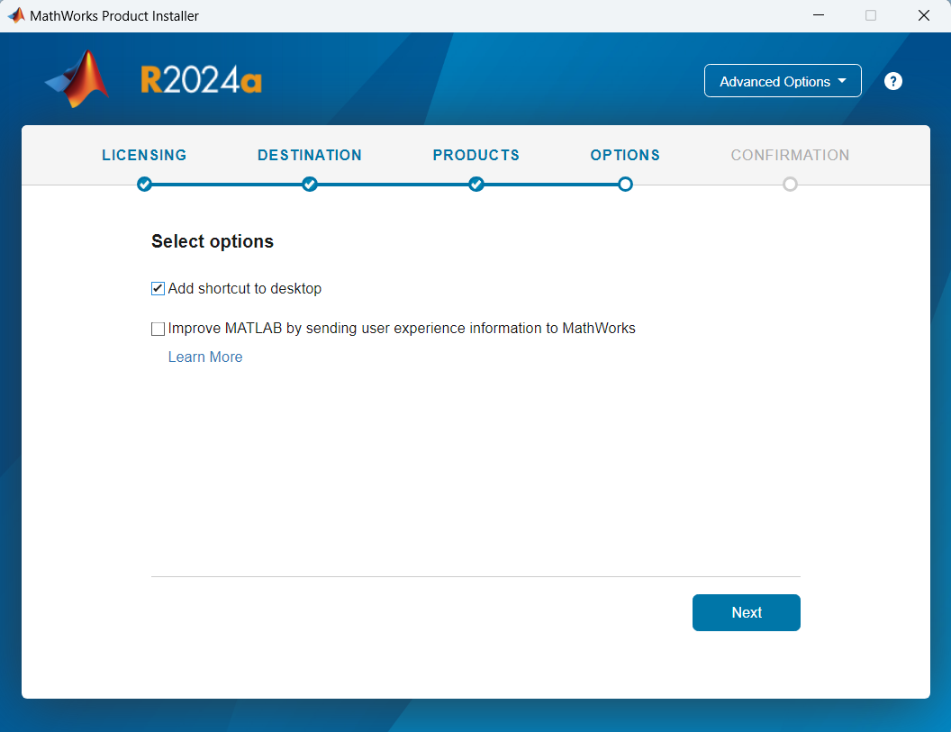 MATLAB installer wizard showing the options page with desktop shortcut checkbox checked.