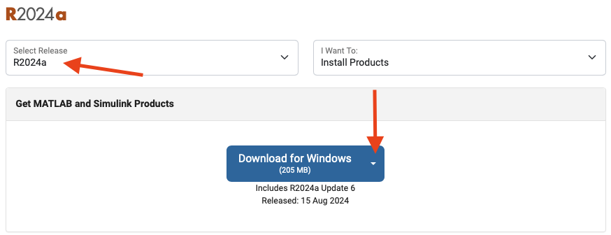 MATLAB download page showing the Windows installer download button.