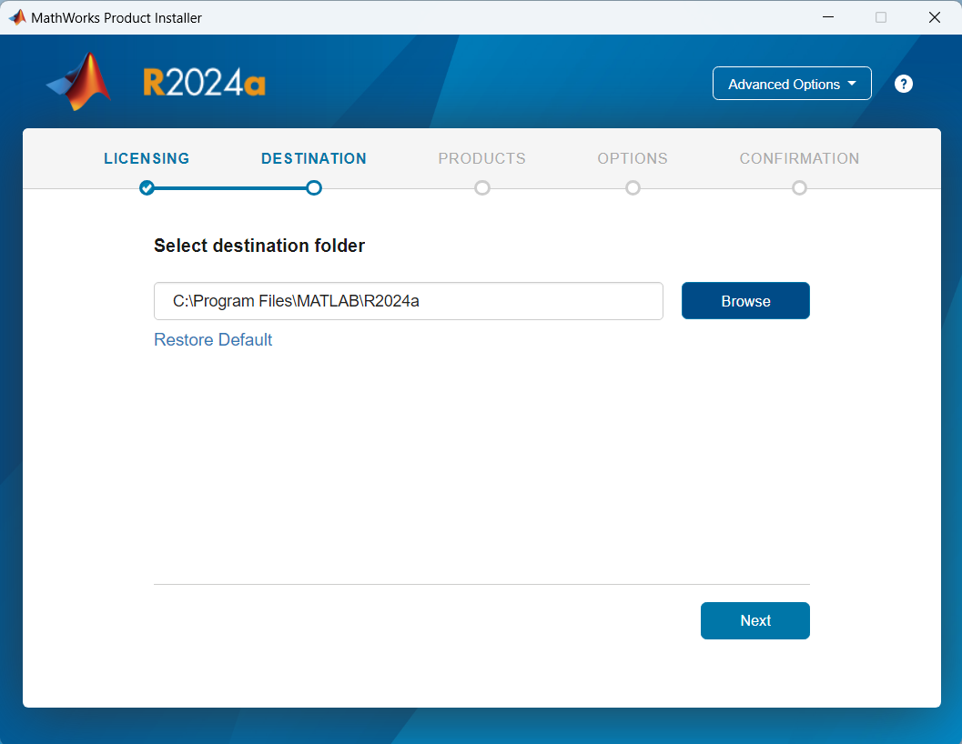 MATLAB installer wizard showing the destination folder selection page.