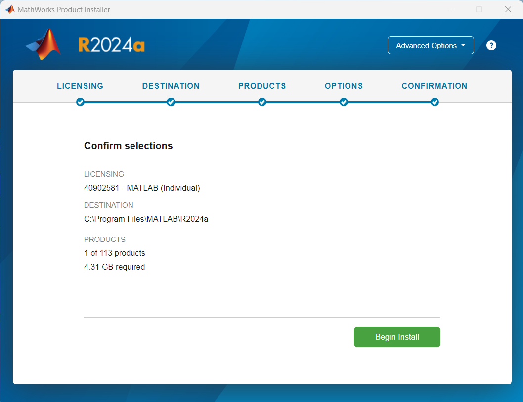 MATLAB installer wizard showing the confirmation summary page on Windows.