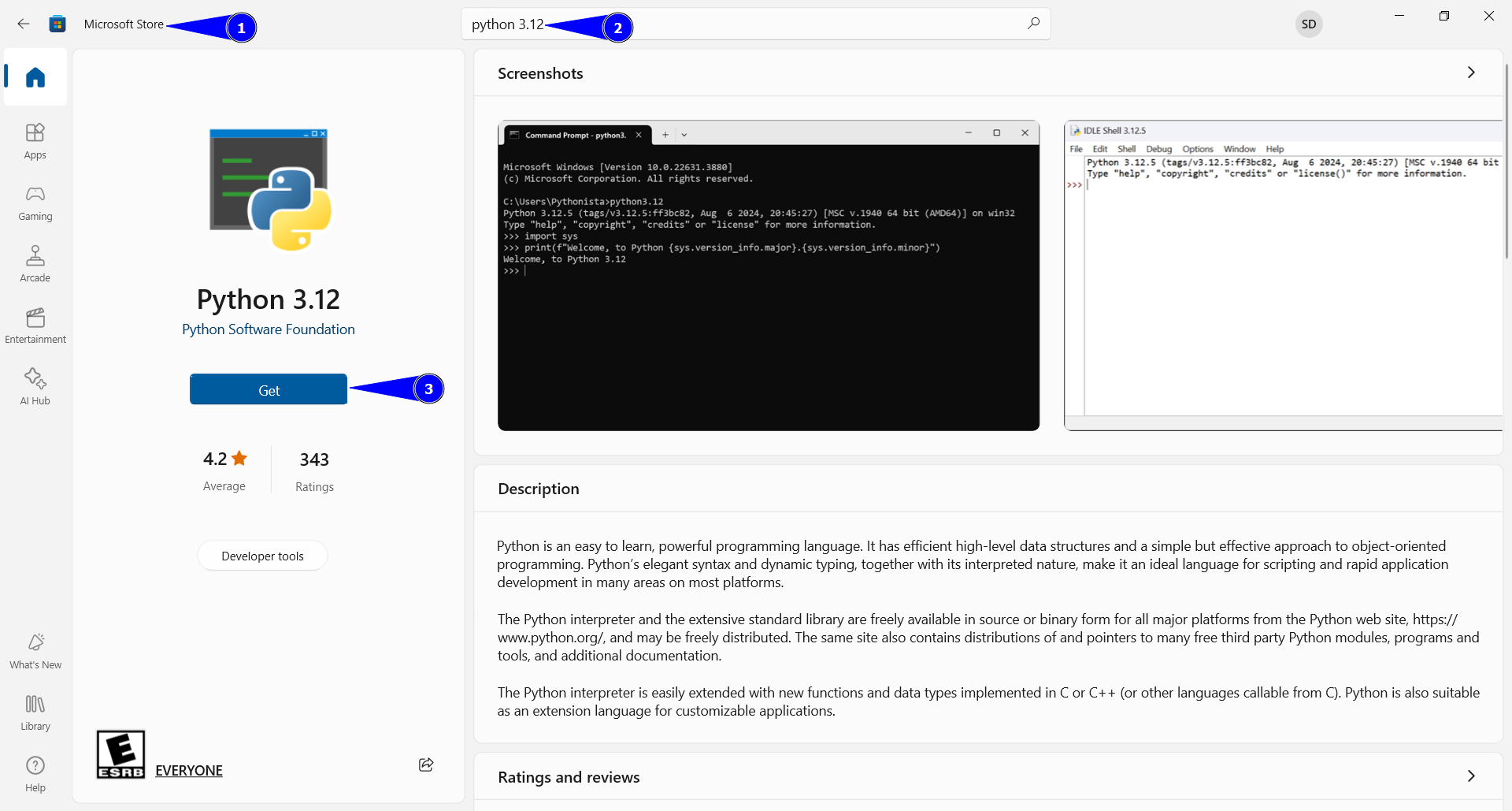 Windows Store page showing Python 3.13 with a Get button.