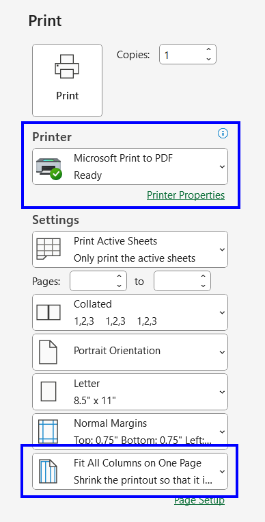 PC Excel print settings showing Fit All Columns on One Page option.