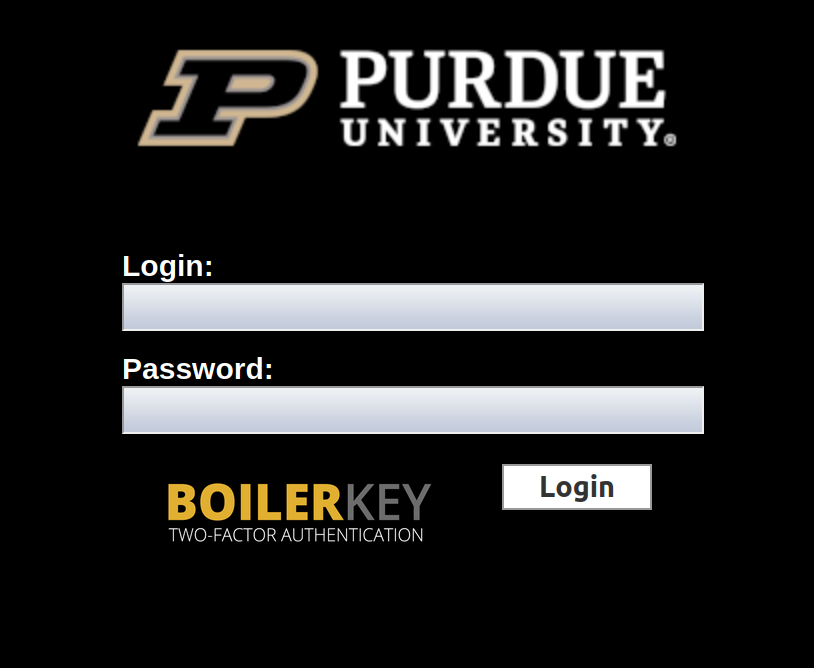 Purdue University login page with Login, Password fields, and BoilerKey logo.