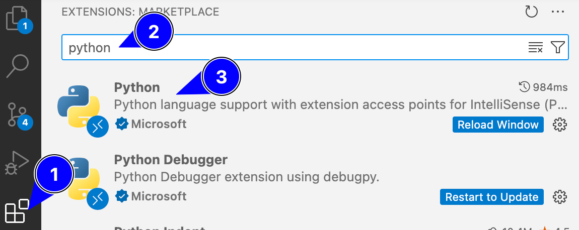 VS Code Extensions tab with numbered steps to find and install the Python extension.