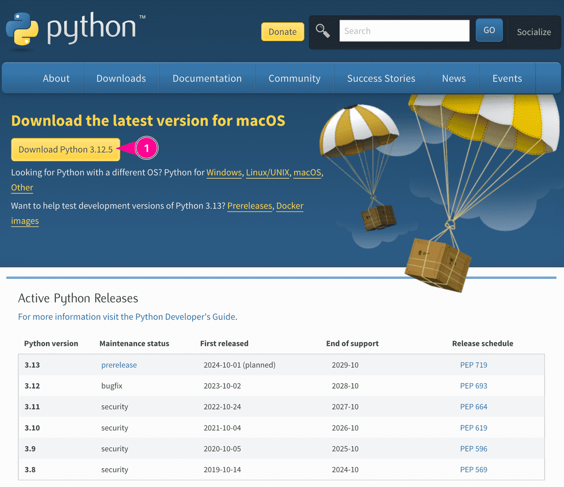 Python downloads page at python.org showing the latest macOS release.