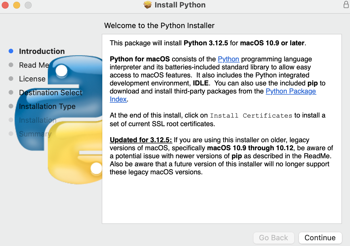 Python installer wizard on macOS showing the Introduction step.