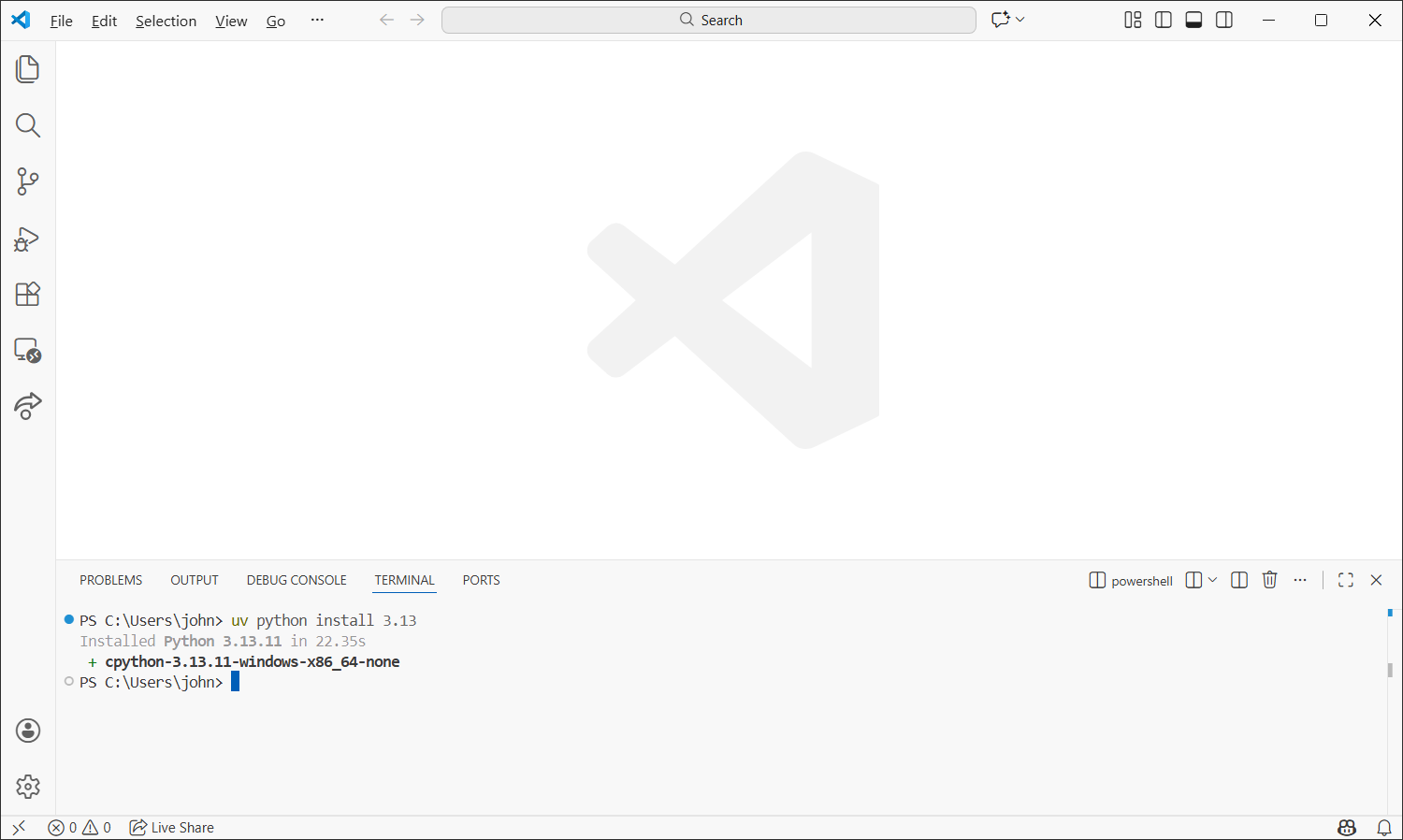 VS Code terminal showing the uv Python installation command.