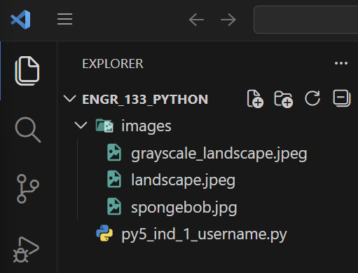 VS Code Explorer pane showing a sample folder with image files.