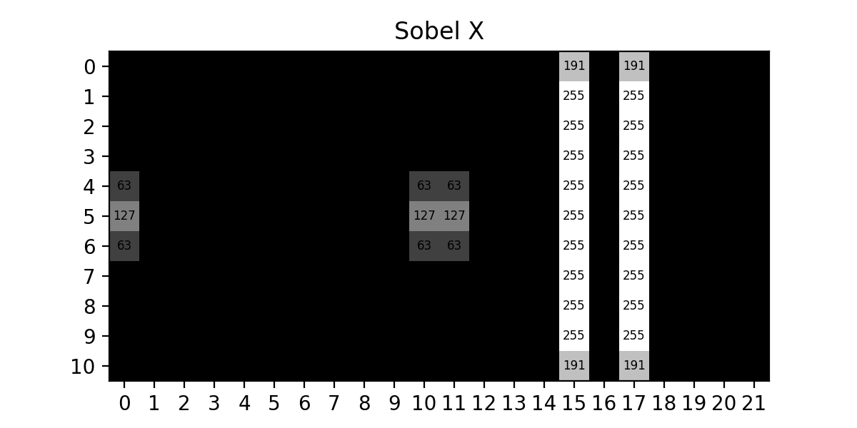 Result of applying the Sobel X kernel to the sample image, emphasizing vertical edges.