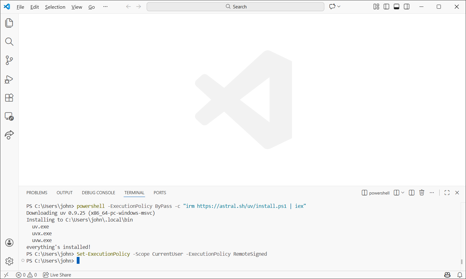 VS Code terminal showing the uv installation commands for Windows PowerShell.