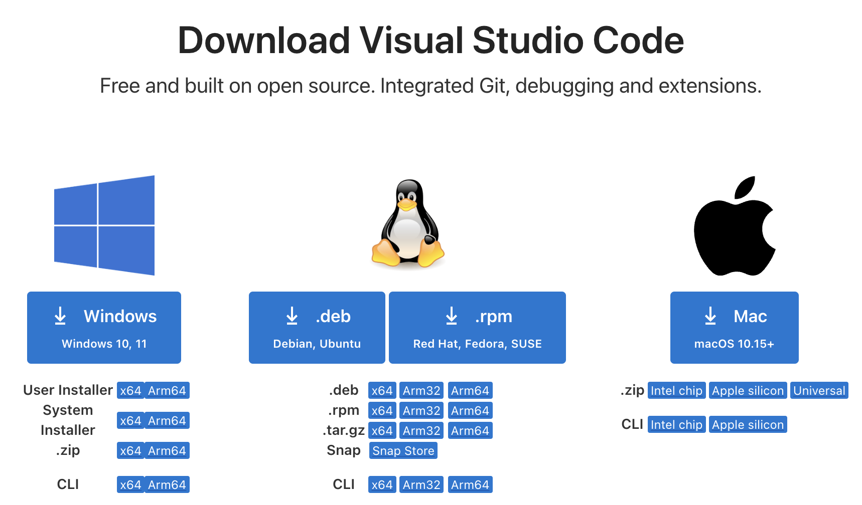 VS Code download page with Windows, Linux, and Mac installer options.