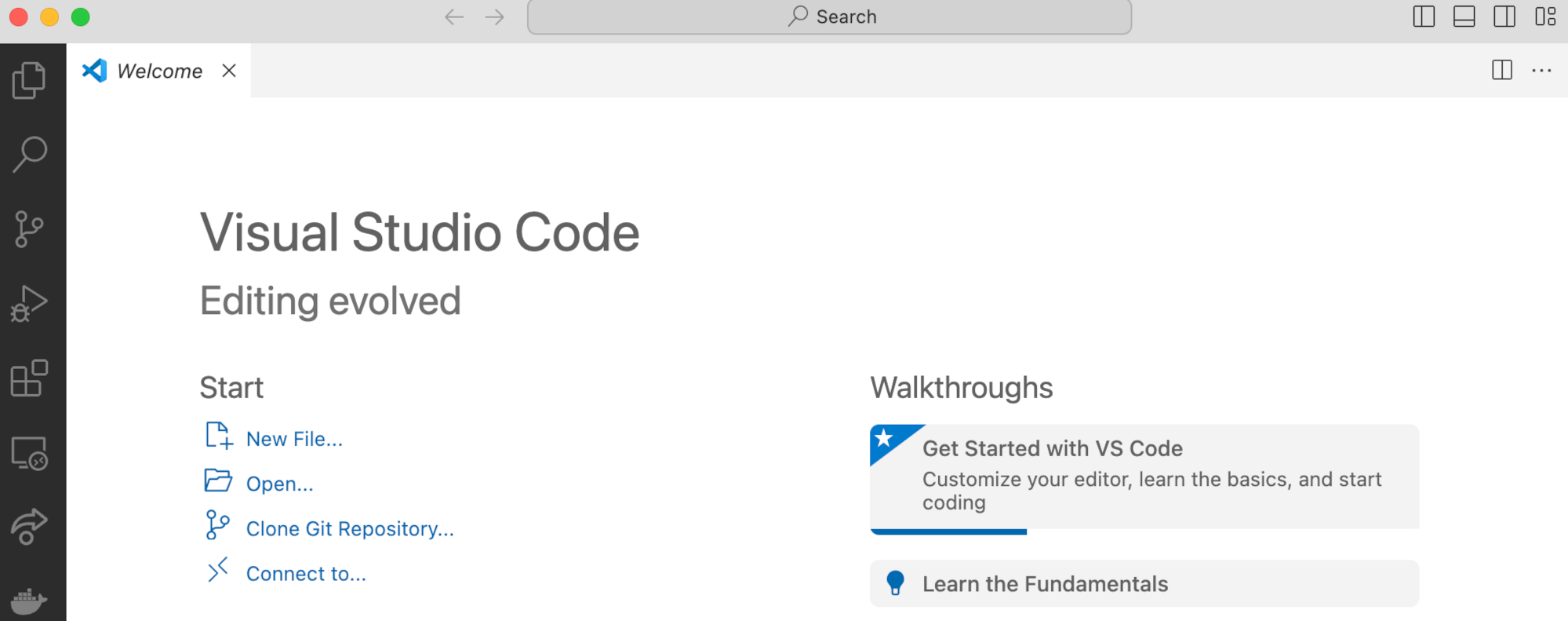VS Code Welcome screen showing the sidebar, Start menu, and Walkthroughs panel.