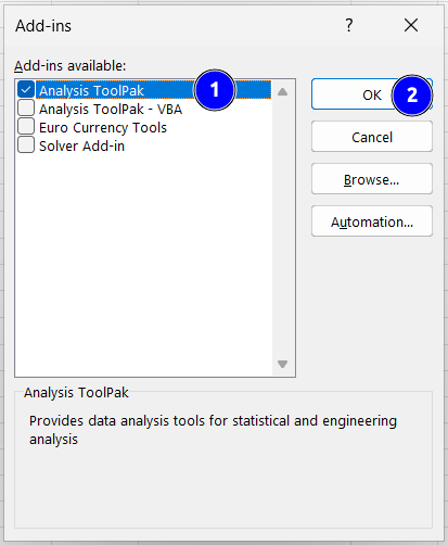 Excel Add-ins dialog with Analysis ToolPak checked on Windows.