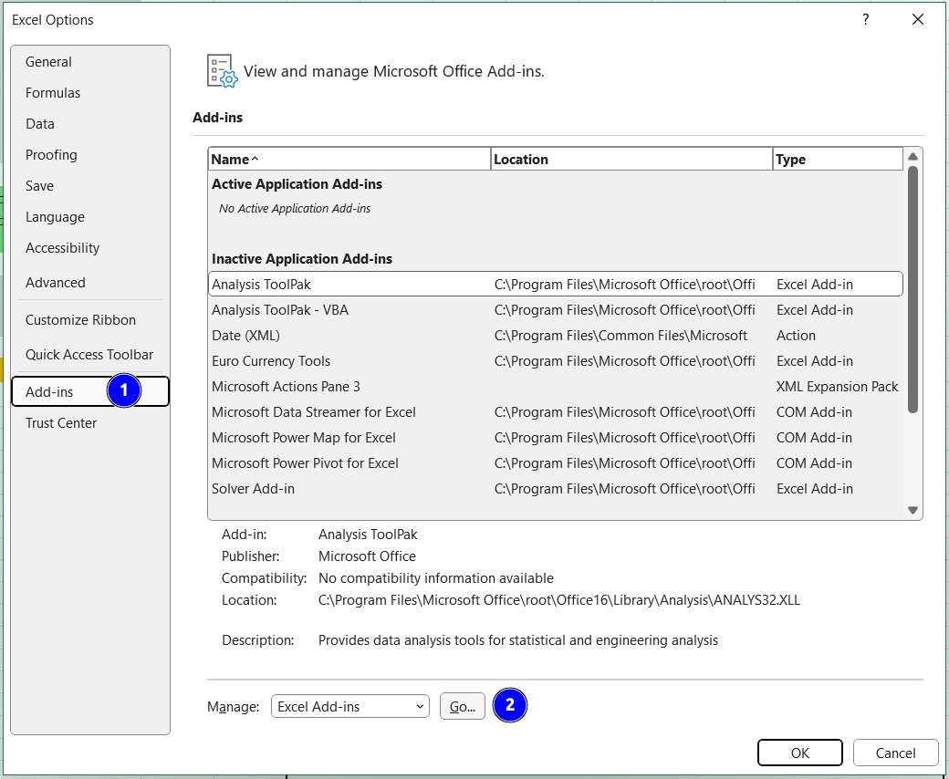 Excel Options dialog with Add-ins section selected on Windows.