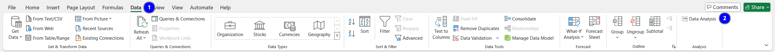 MS Excel ribbon on Windows showing the Data tab with the Analysis ToolPak and Data Analysis button.