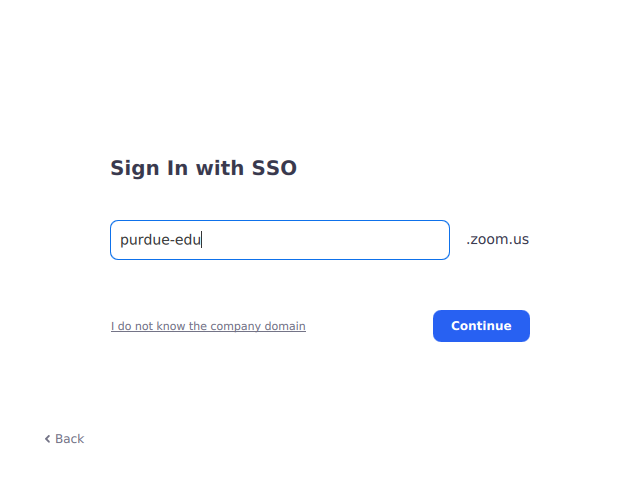 Zoom SSO screen with the company domain field filled in as "purdue-edu".